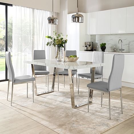 Milento 150cm White Marble and Chrome Dining Table with 4 Leon Light Grey Leather Chairs