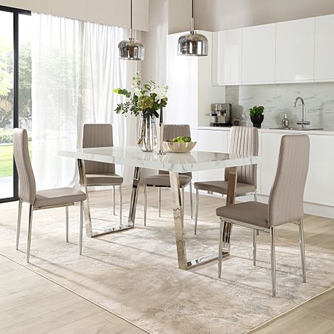 Milento 150cm White Marble and Chrome Dining Table with 4 Leon Stone Grey Leather Chairs