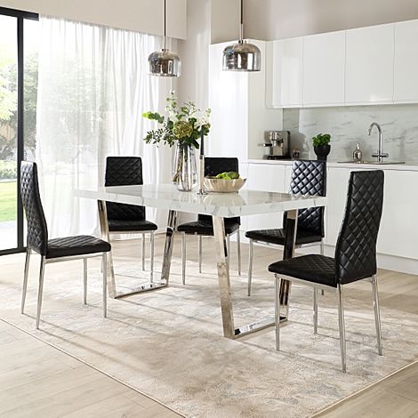 Milento 150cm White Marble and Chrome Dining Table with 4 Renzo Black Leather Chairs