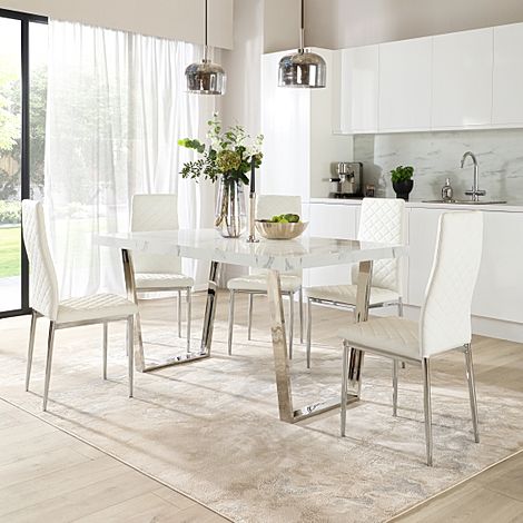 Milento 150cm White Marble and Chrome Dining Table with 4 Renzo White Leather Chairs