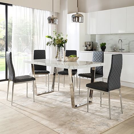 Milento 150cm White Marble and Chrome Dining Table with 4 Renzo Grey Leather Chairs