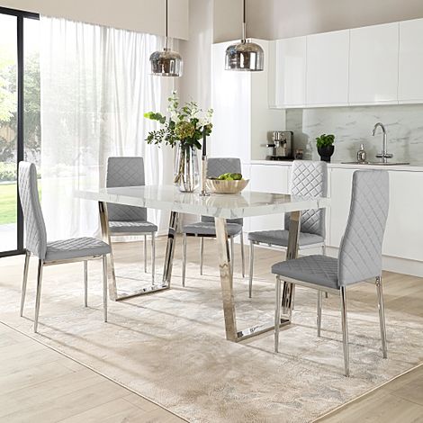 Milento 150cm White Marble and Chrome Dining Table with 4 Renzo Light Grey Leather Chairs
