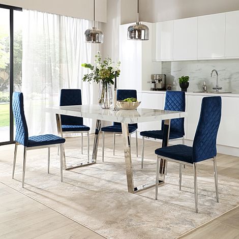 Milento 150cm White Marble and Chrome Dining Table with 4 Renzo Blue Velvet Chairs