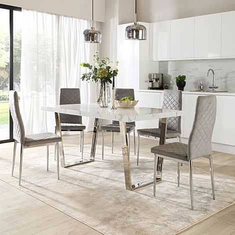 Milento 150cm White Marble and Chrome Dining Table with 4 Renzo Grey Velvet Chairs
