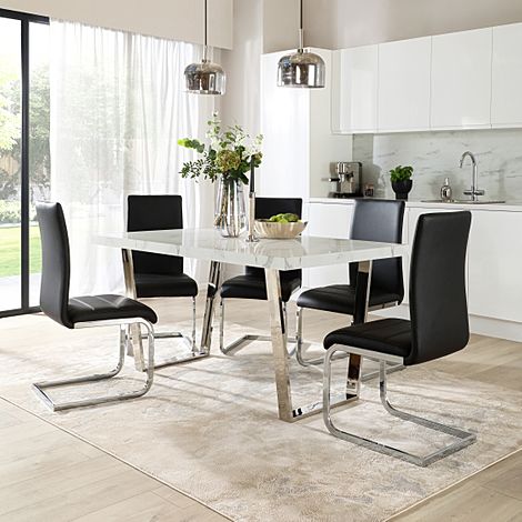 Milento 150cm White Marble and Chrome Dining Table with 4 Perth Black Leather Chairs
