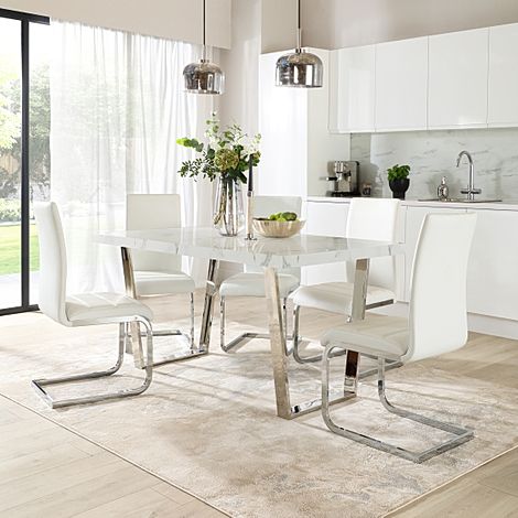 Milento 150cm White Marble and Chrome Dining Table with 4 Perth White Leather Chairs