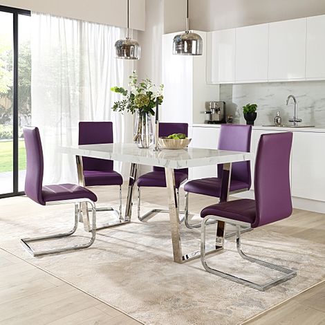 Milento 150cm White Marble and Chrome Dining Table with 4 Perth Purple Leather Chairs