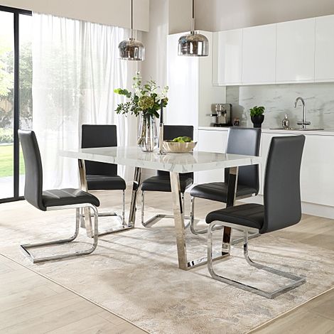 Milento 150cm White Marble and Chrome Dining Table with 4 Perth Grey Leather Chairs
