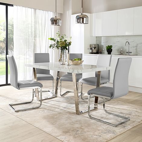 Milento 150cm White Marble and Chrome Dining Table with 4 Perth Light Grey Leather Chairs