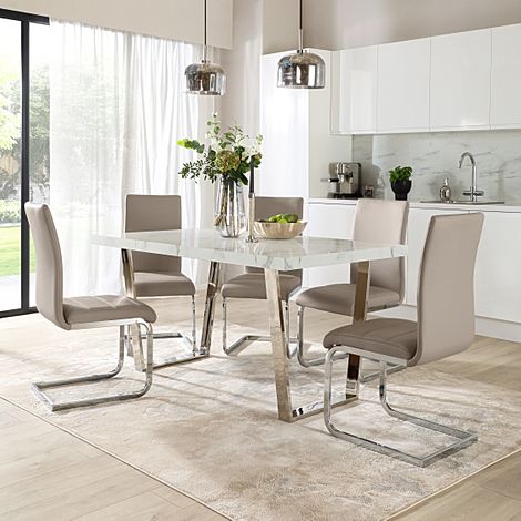 Milento 150cm White Marble and Chrome Dining Table with 4 Perth Stone Grey Leather Chairs