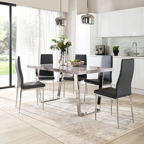Milento 150cm Grey Marble and Chrome Dining Table with 4 Leon Grey Leather Chairs