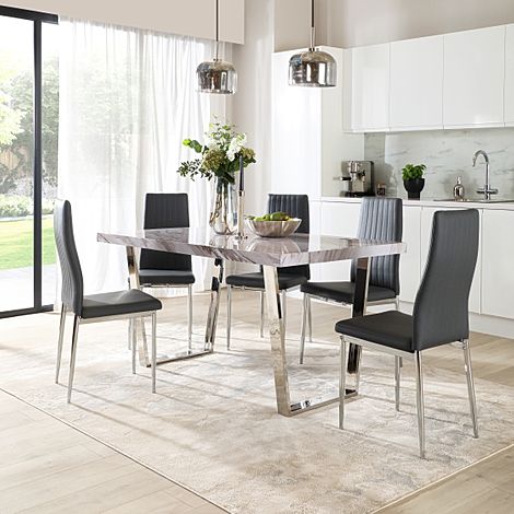 Milento Dining Table & 4 Leon Chairs, Grey Marble Effect & Chrome, Grey Classic Faux Leather, 150cm