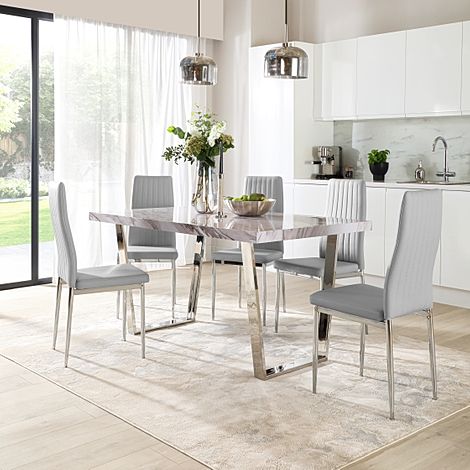 Milento Dining Table & 4 Leon Chairs, Grey Marble Effect & Chrome, Light Grey Classic Faux Leather, 150cm