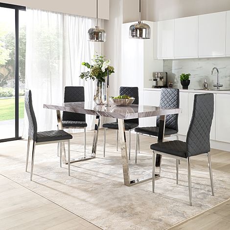 Milento Dining Table & 4 Renzo Chairs, Grey Marble Effect & Chrome, Grey Classic Faux Leather, 150cm