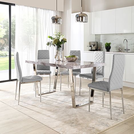 Milento Dining Table & 4 Renzo Chairs, Grey Marble Effect & Chrome, Light Grey Classic Faux Leather, 150cm