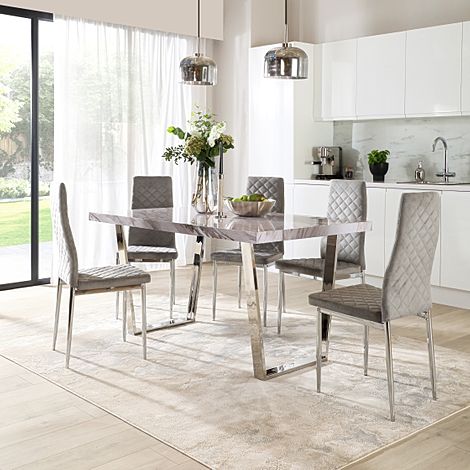 Milento Dining Table & 4 Renzo Chairs, Grey Marble Effect & Chrome, Grey Classic Velvet, 150cm