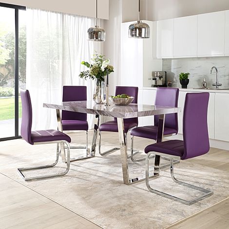 Milento 150cm Grey Marble and Chrome Dining Table with 4 Perth Purple Leather Chairs