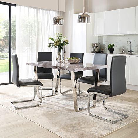 Milento 150cm Grey Marble and Chrome Dining Table with 4 Perth Grey Leather Chairs
