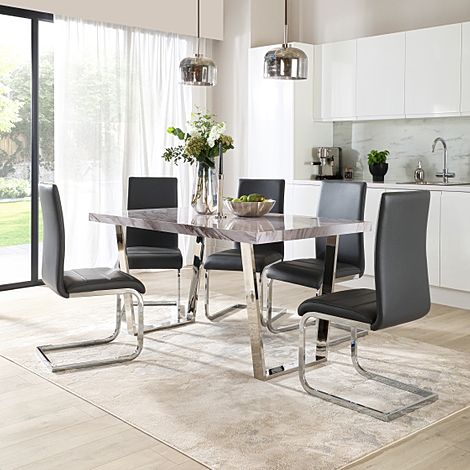 Milento Dining Table & 4 Perth Chairs, Grey Marble Effect & Chrome, Grey Classic Faux Leather, 150cm