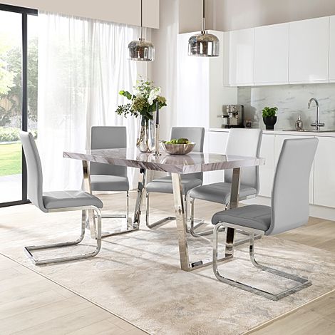 Milento 150cm Grey Marble and Chrome Dining Table with 4 Perth Light Grey Leather Chairs