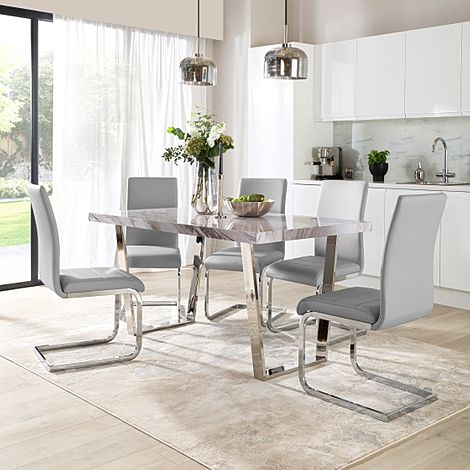 Milento Dining Table & 4 Perth Chairs, Grey Marble Effect & Chrome, Light Grey Classic Faux Leather, 150cm