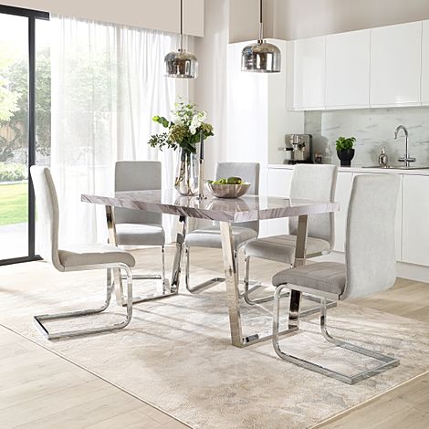 Milento Dining Table & 4 Perth Chairs, Grey Marble Effect & Chrome, Dove Grey Classic Plush Fabric, 150cm