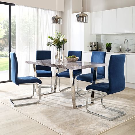 Milento 150cm Grey Marble and Chrome Dining Table with 4 Perth Blue Velvet Chairs