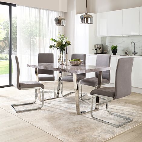 Milento 150cm Grey Marble and Chrome Dining Table with 4 Perth Grey Velvet Chairs