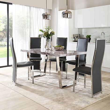 Milento 150cm Grey Marble and Chrome Dining Table with 4 Celeste Grey Leather Chairs