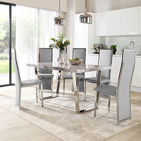 Milento 150cm Grey Marble and Chrome Dining Table with 4 Celeste Light Grey Leather Chairs