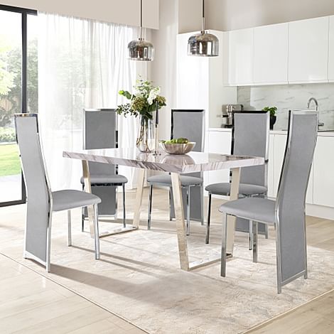 Milento 150cm Grey Marble and Chrome Dining Table with 4 Celeste Grey Velvet Chairs
