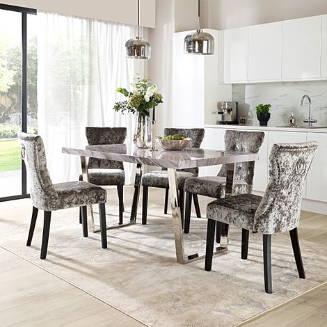 Milento 150cm Grey Marble and Chrome Dining Table with 4 Kensington Silver Velvet Chairs