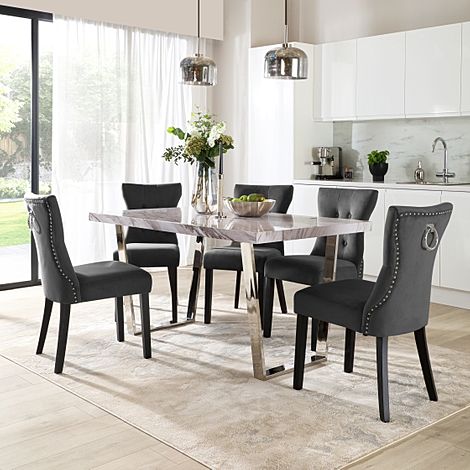 Milento 150cm Grey Marble and Chrome Dining Table with 4 Kensington Black Velvet Chairs