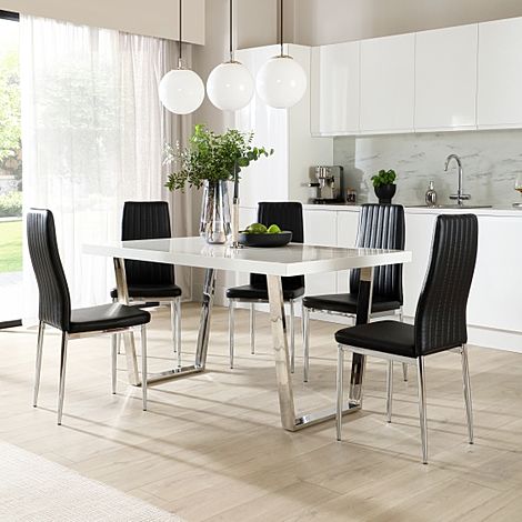 Milento Dining Table & 4 Leon Chairs, White High Gloss & Chrome, Black Classic Faux Leather, 150cm