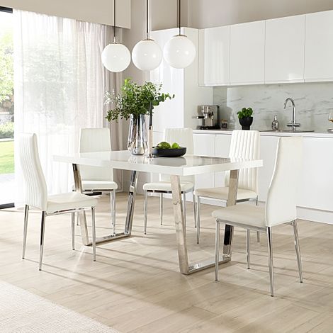 Milento Dining Table & 4 Leon Chairs, White High Gloss & Chrome, White Classic Faux Leather, 150cm