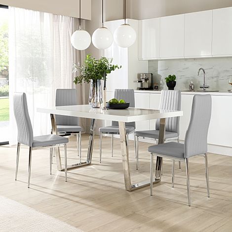 Milento Dining Table & 4 Leon Chairs, White High Gloss & Chrome, Light Grey Classic Faux Leather, 150cm