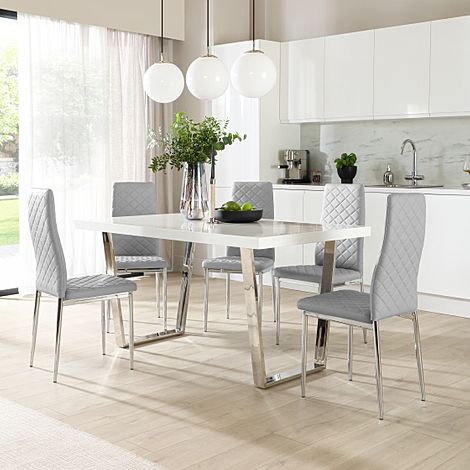 Milento Dining Table & 4 Renzo Chairs, White High Gloss & Chrome, Light Grey Classic Faux Leather, 150cm