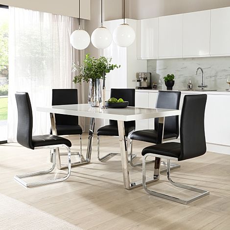 Milento Dining Table & 4 Perth Chairs, White High Gloss & Chrome, Black Classic Faux Leather, 150cm
