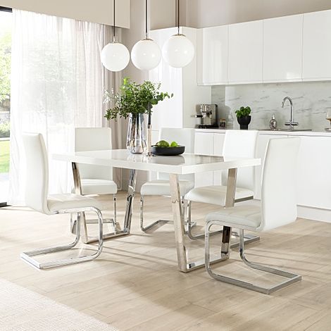 Milento Dining Table & 4 Perth Chairs, White High Gloss & Chrome, White Classic Faux Leather, 150cm