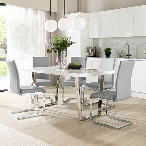 Milento Dining Table & 4 Perth Chairs, White High Gloss & Chrome, Light Grey Classic Faux Leather, 150cm