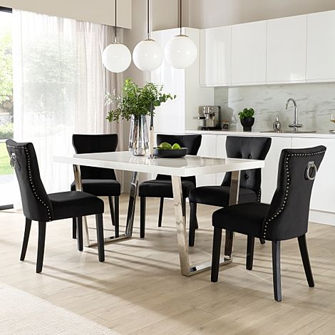 Milento Dining Table & 4 Kensington Chairs, White High Gloss & Chrome, Black Classic Velvet & Black Solid Hardwood, 150cm