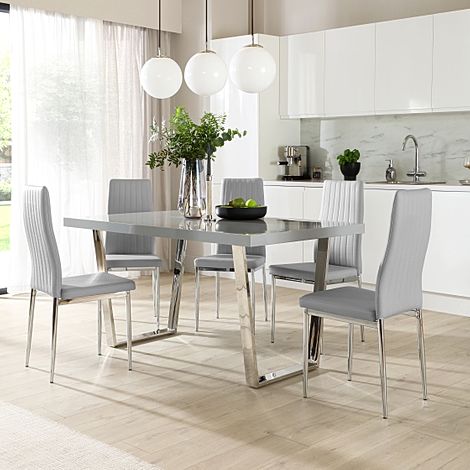 Milento Dining Table & 4 Leon Chairs, Grey High Gloss & Chrome, Light Grey Classic Faux Leather, 150cm