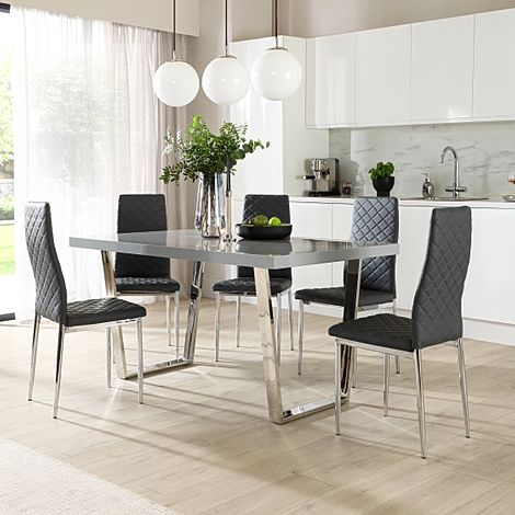 Milento Dining Table & 4 Renzo Chairs, Grey High Gloss & Chrome, Grey Classic Faux Leather, 150cm
