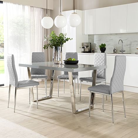 Milento Dining Table & 4 Renzo Chairs, Grey High Gloss & Chrome, Light Grey Classic Faux Leather, 150cm