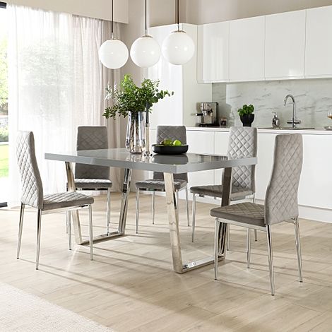 Milento Dining Table & 4 Renzo Chairs, Grey High Gloss & Chrome, Grey Classic Velvet, 150cm