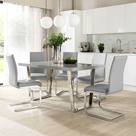 Milento 150cm Grey High Gloss and Chrome Dining Table with 4 Perth Light Grey Leather Chairs
