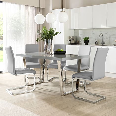 Milento Dining Table & 4 Perth Chairs, Grey High Gloss & Chrome, Light Grey Classic Faux Leather, 150cm