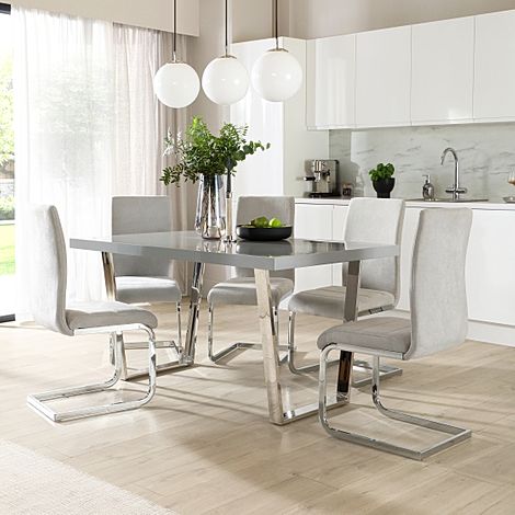 Milento Dining Table & 4 Perth Chairs, Grey High Gloss & Chrome, Dove Grey Classic Plush Fabric, 150cm