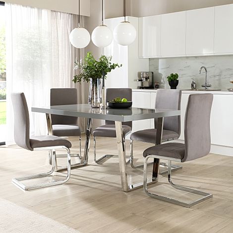 Milento Dining Table & 4 Perth Chairs, Grey High Gloss & Chrome, Grey Classic Velvet, 150cm