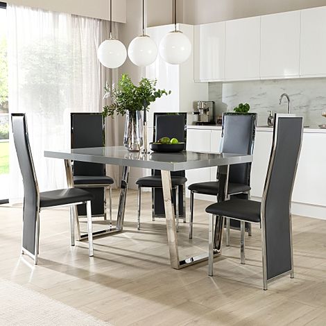 Milento 150cm Grey High Gloss and Chrome Dining Table with 4 Celeste Grey Leather Chairs